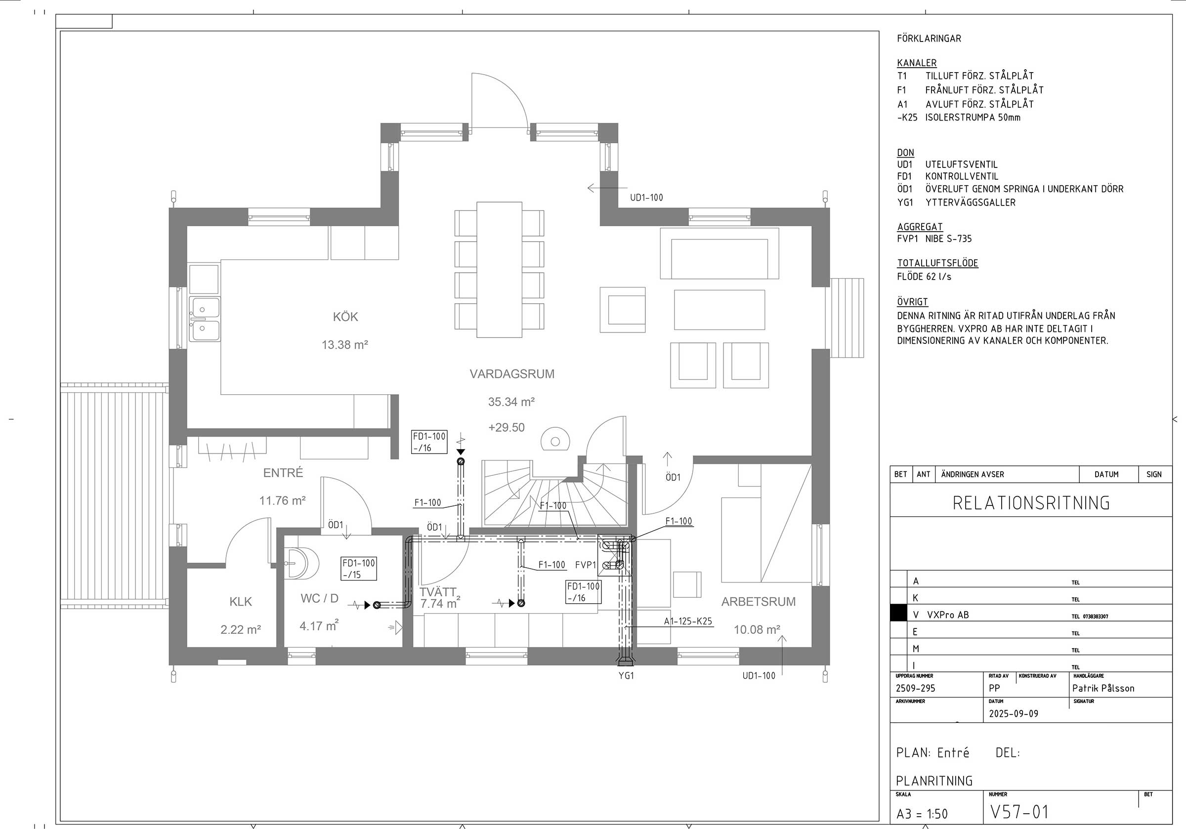 Plan-ritning entréplan för FX-installation i villa, Stockholms Län, Åkersberga